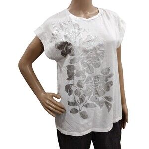 Zara Women's Small White w Silver Metallic Floral Print Cap Sleeve Cotton Shirt